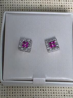 NWT Lab Created Ruby White Sapphire Cluster Stud Earrings Gold Tone Square Gift